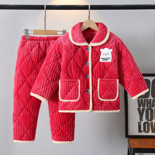 冬季儿童睡衣珊瑚绒加厚加绒三层夹棉袄女孩男童女童法兰绒家居服