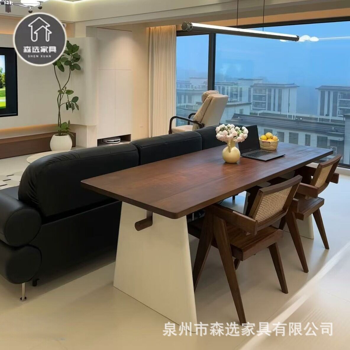 森选中古奶油风沙发后长条桌横厅实木工作台双人学习桌书桌电脑桌