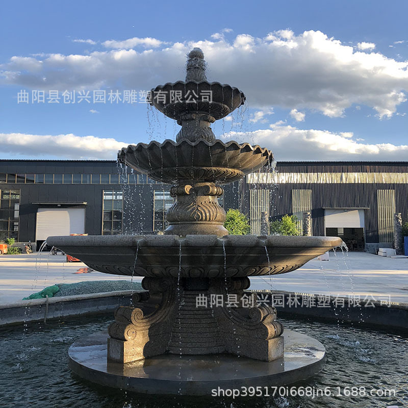 石雕喷泉欧式养鱼池大理石花岗岩流水摆件晚霞红喷水池水钵小区