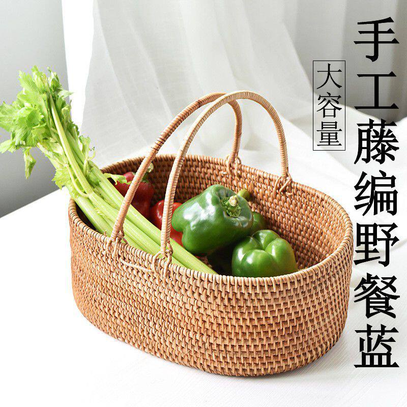 越南藤编手提收纳野餐篮箱子杂物果篮水果家用餐厅蔬菜购物篮食篮