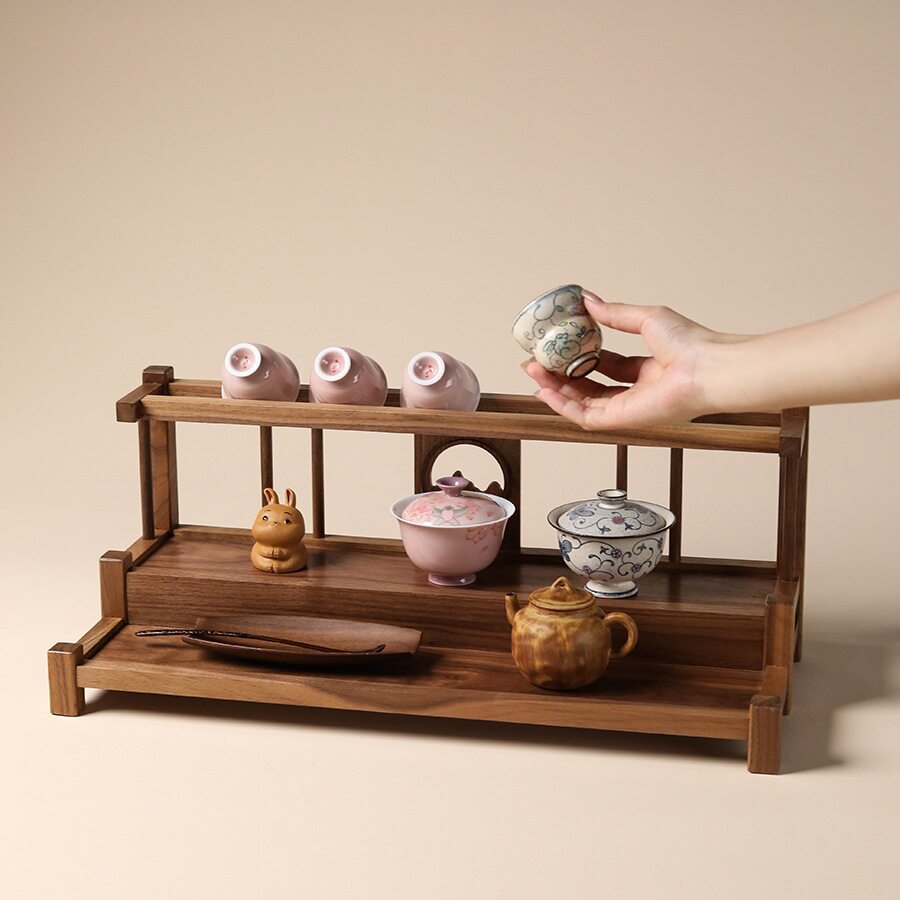 胡桃木中式茶具收纳架