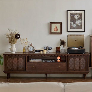 北美黑胡桃木实木电视柜法式复古樱桃木客厅家用小户型中古地柜