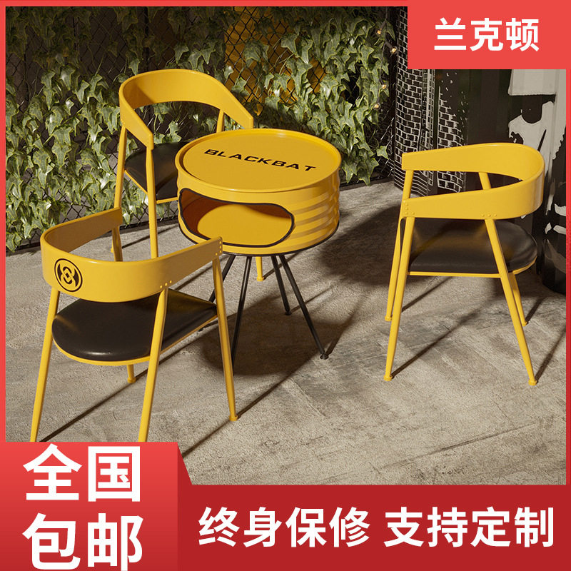 户外圆桌洽谈桌椅组合阳台小桌子工业风铁艺餐桌露天休闲咖啡桌