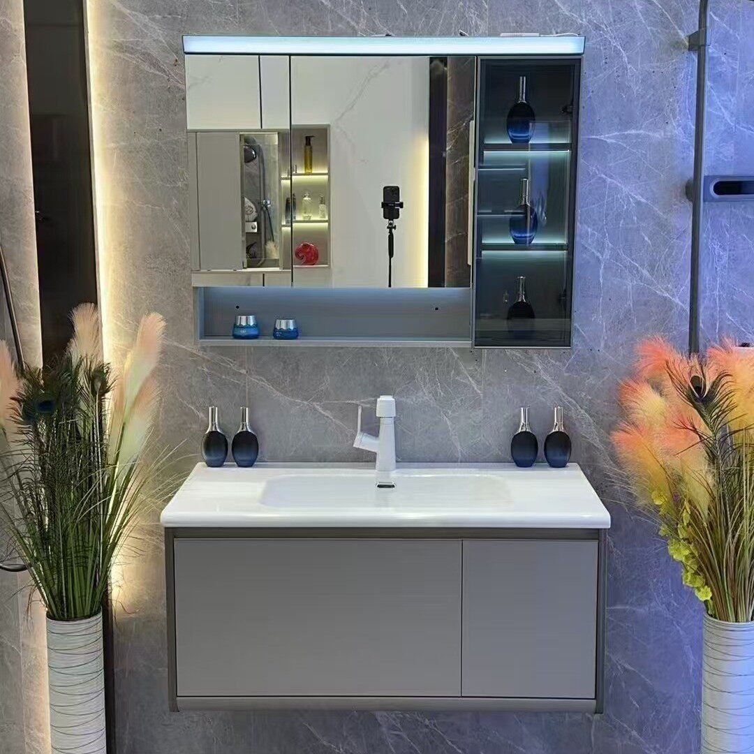 2025现代简约陶瓷一体盆浴室柜卫生间洗漱台带氛围灯收纳镜组合柜