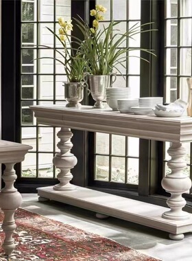 美式乡村实木玄关台客厅复古黑色观景台米白色做旧靠墙隔断玄关桌