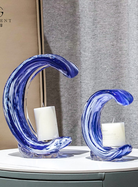 晶淳 半海系列  蓝色海洋风创意玻璃水晶琉璃蜡烛台 复古艺术装饰