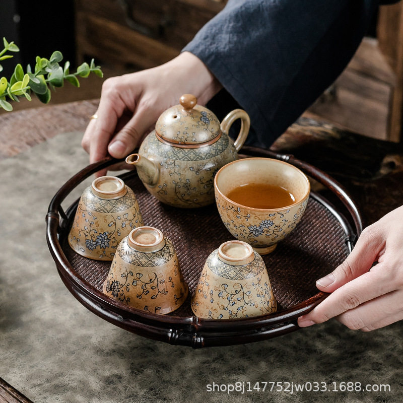 陶瓷旅行茶具套装快客简约户外便携一壶四杯复古窑变缠枝莲泡茶壶