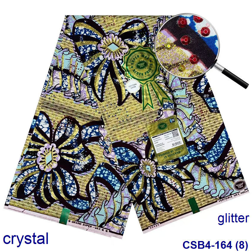 6码一片闪粉小钻装饰印花非洲蜡布面料套装 crystal wax fabric