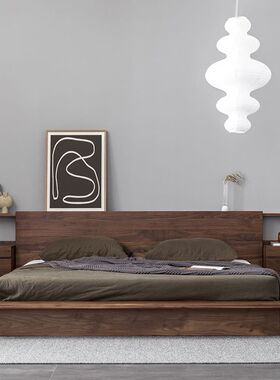 北欧黑胡桃木全实木双人床白橡木榻榻米床轻奢简约原木樱桃木矮床