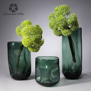 钻石星北欧绿色玻璃花瓶圆口水养富贵竹大号工艺品软装饰品创意
