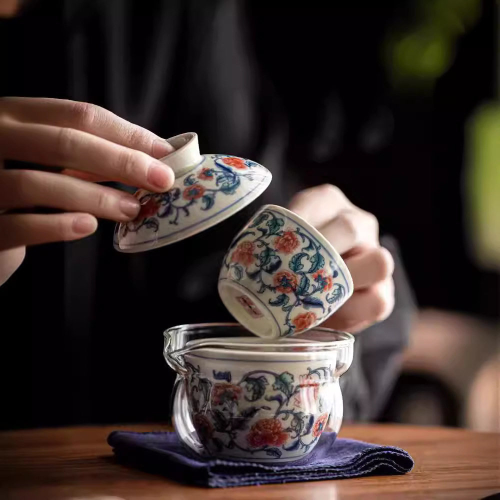 复古青花缠枝莲玻璃快客杯一壶二杯户外泡茶茶壶功夫旅行便携茶具