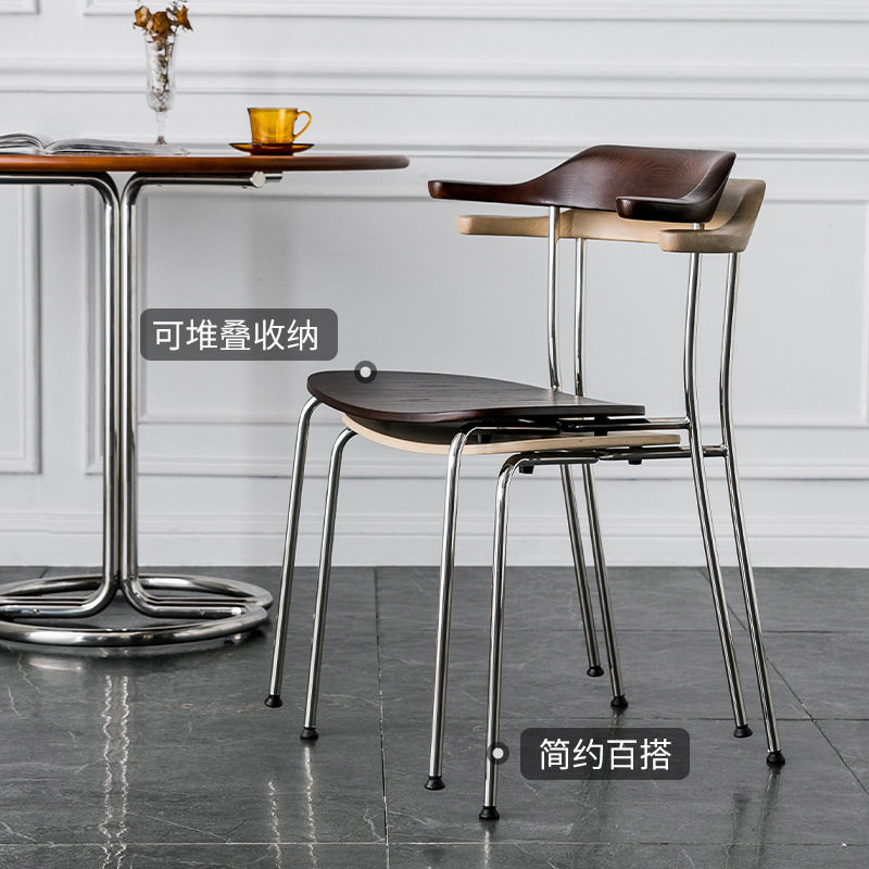 GLB20616-1北什复古轻奢可堆叠餐桌椅设计师创意牛角椅家用实木软