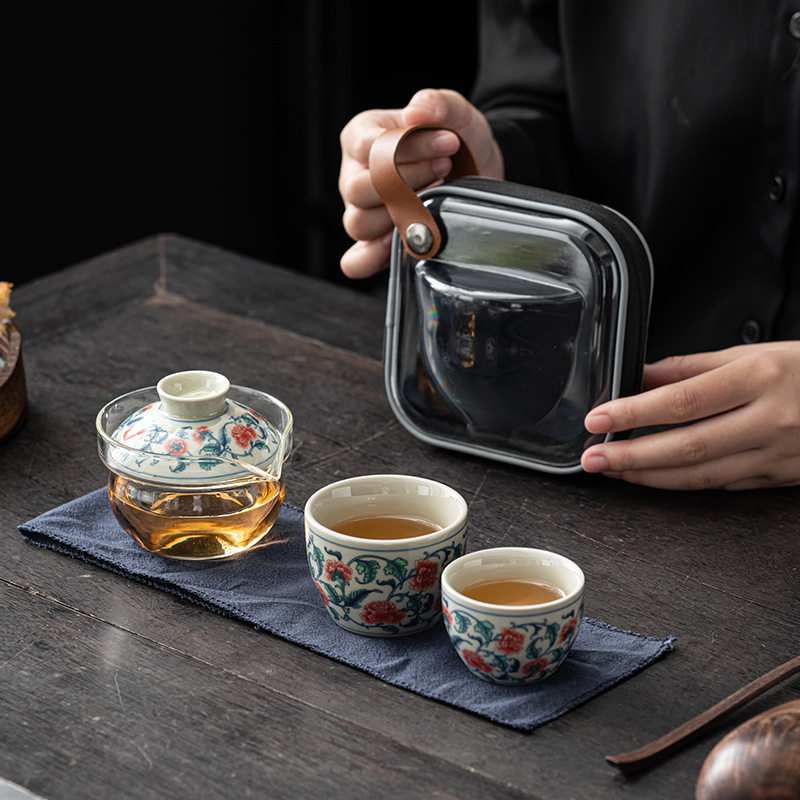 便携式旅行茶具小套装户外包简易功夫泡茶壶茶杯复古青花瓷快客杯