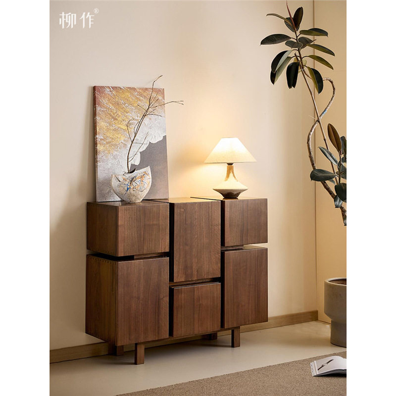 新中式实木六抽靠墙储物边柜