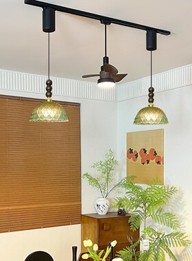 新款法式中古风餐厅吊灯轨道风扇灯可移动悬停岛台餐桌绿色玻璃灯