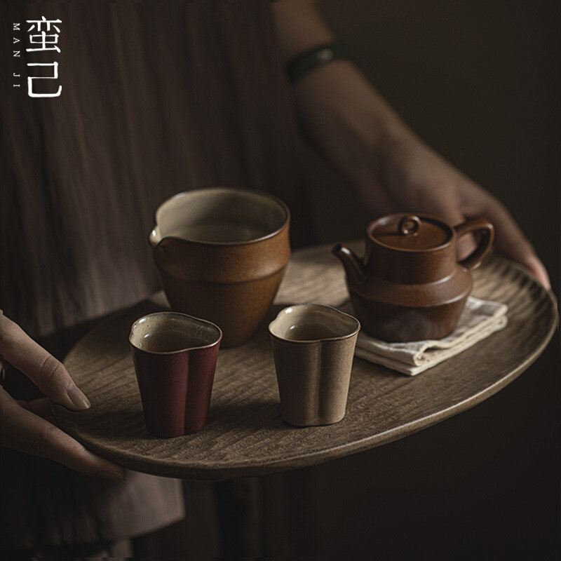 蛮己日式陶瓷茶盘家用茶具干泡盘壶承茶道配件诧寂风粗陶茶具收纳