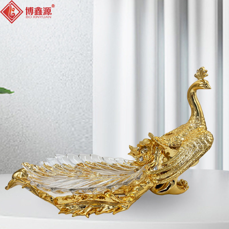 树脂电镀欧式长金孔雀水果盘创意家居客厅会所高档茶几摆件乔迁礼
