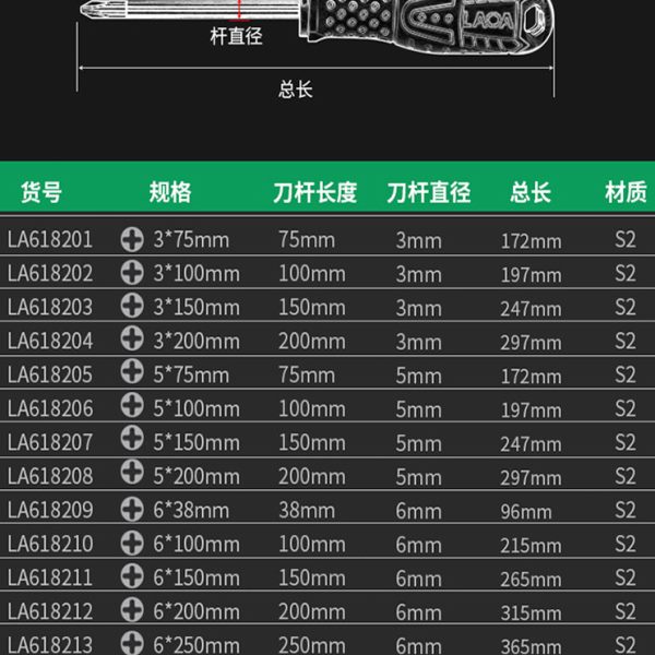老A工业型公制螺丝批 大十字起子S2合金钢螺丝刀 改锥套装 带磁性