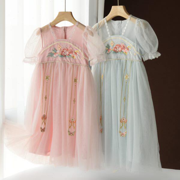中国风 女童连衣裙 儿童汉服网纱蓬蓬裙 泡泡袖中长裙 夏款童装