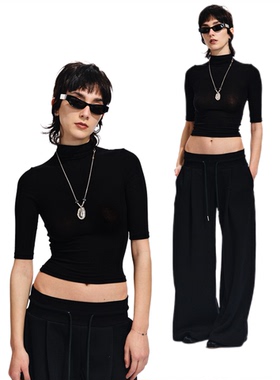 Two little guys*中袖小高领修身五分内搭打底上衣