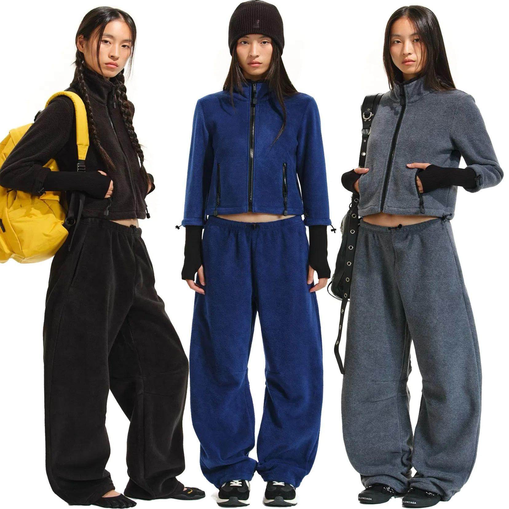 Two little guys*摇粒绒短款秋冬套装拼接套指保暖外套 /弯刀裤