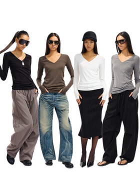 Two little guys*V领套指弹力竹节纹收腰显瘦长袖堆叠t恤