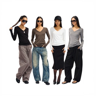 V领套指弹力竹节纹收腰显瘦长袖 guys 堆叠t恤 little Two