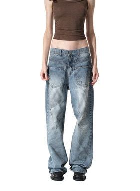 Two little guys*宽松复古水洗脏脏破损设计感阔腿牛仔裤