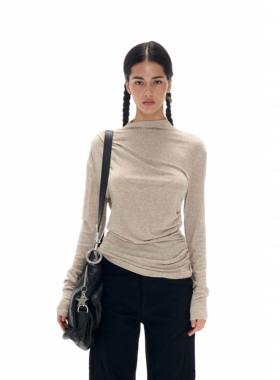 Two little guys*天丝羊毛小高领褶皱针织打底长袖上衣Oat ash