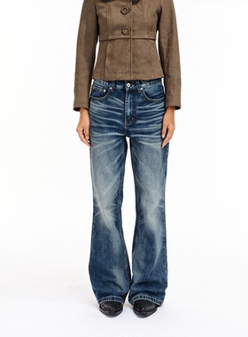 Two little guys*2000s复古深蓝水洗做旧低腰微喇版型牛仔裤