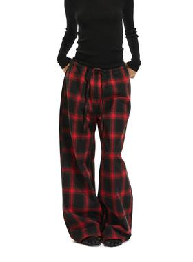 Two little guys*毛呢廓形格纹松紧低腰阔腿裤 圣诞红调/黑白格纹