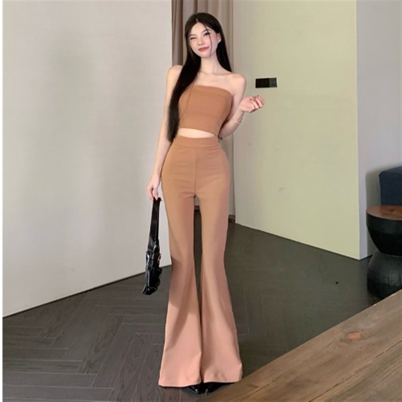 现货性感辣妹纯欲抹胸小背心春季套装高腰休闲微喇叭拖地长裤两件