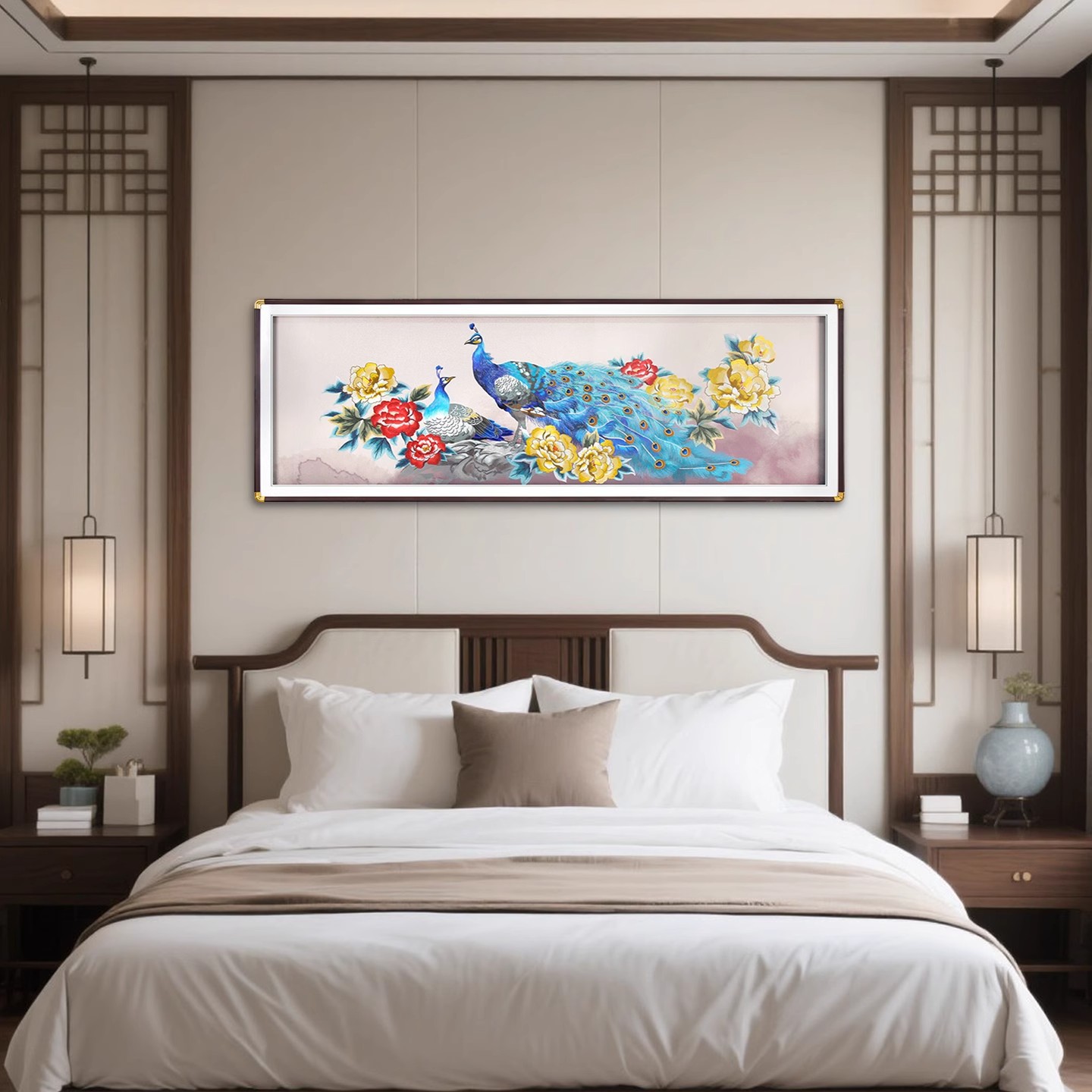 新中式2025新款主卧室床头装饰画高级感花开富贵孔雀刺绣苏绣挂画图片