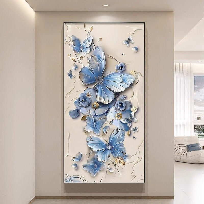 简约现代入户玄关装饰画走廊过道蝴蝶花卉挂画高级感客厅壁画竖版图片