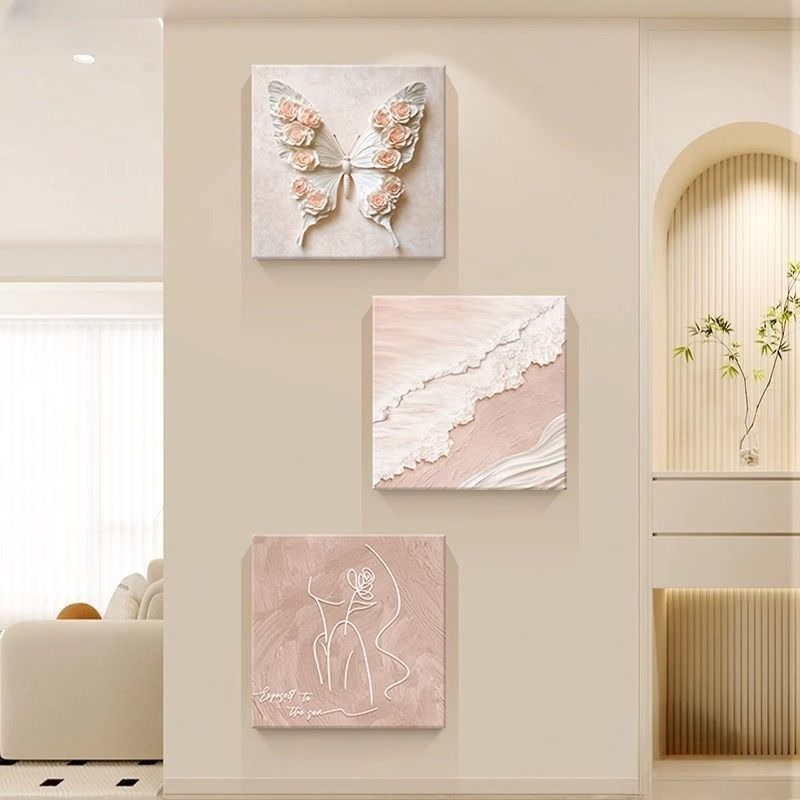 奶油风入户玄关装饰画肌理蝴蝶餐厅挂画高级感客厅沙发背景墙壁画图片