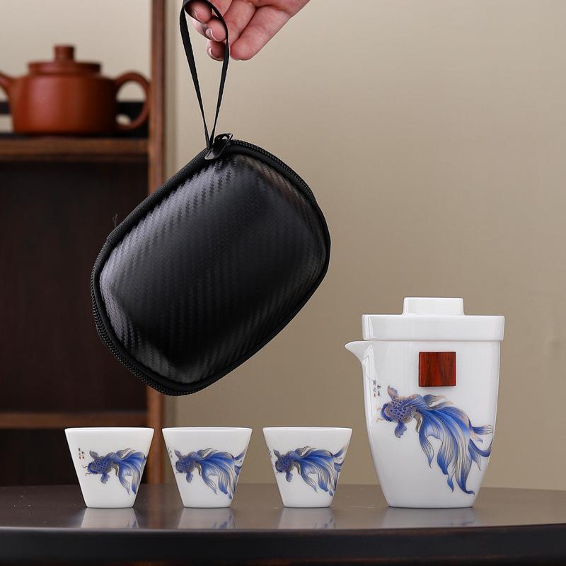 便携式旅行茶杯茶具小套装户外一壶三杯陶瓷快客杯泡茶壶印制端午