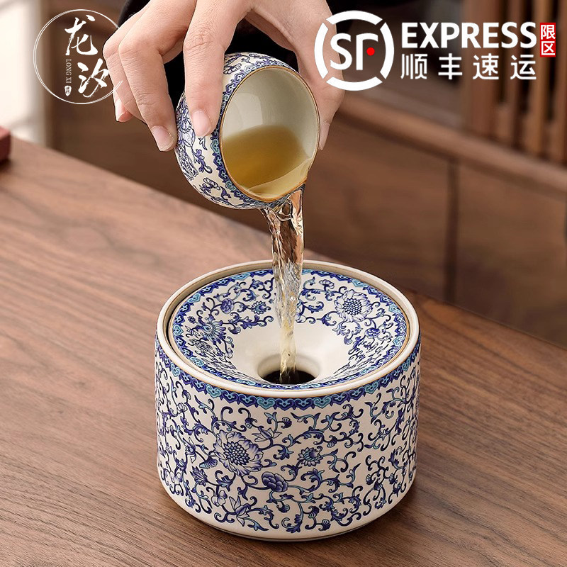 汝窑青花茶渣缸家用大号杯洗茶缸漏斗烟灰缸仿灰飞陶瓷洗茶器建水