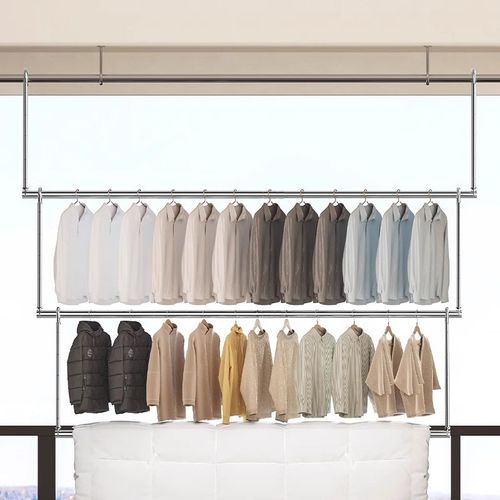 晾衣架家用阳台伸缩晾衣杆升降折叠凉晒被子神器吊挂可折叠免打孔