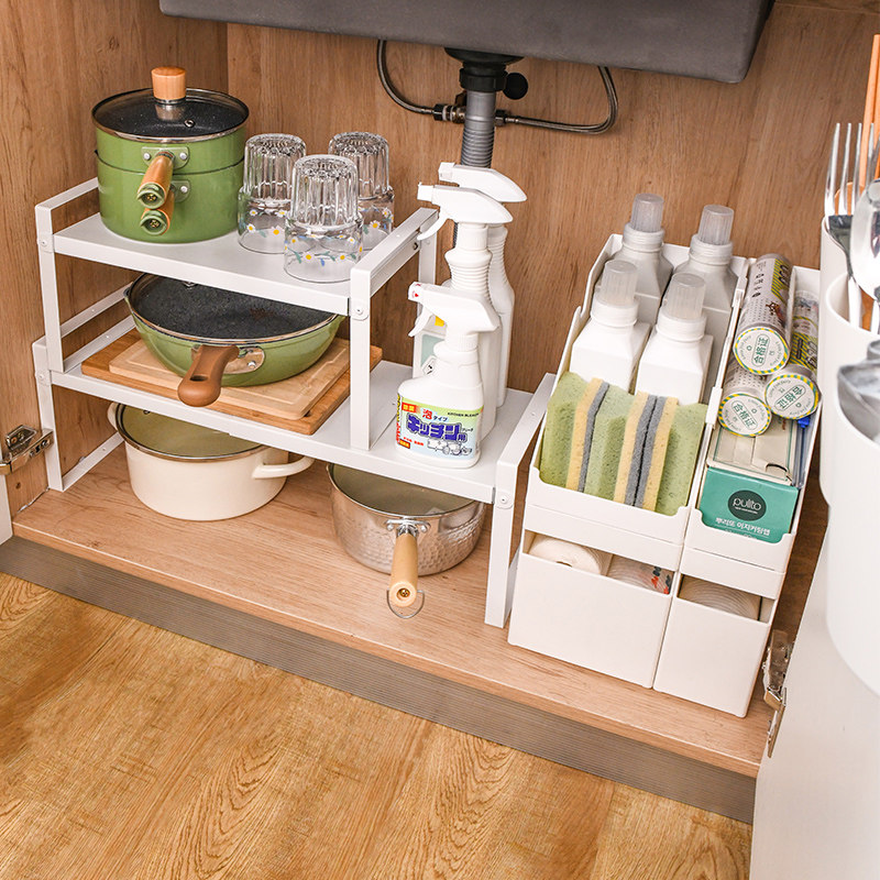厨房橱柜分层架伸缩搁架下水槽锅具置物架台面收纳隔板白色储物架