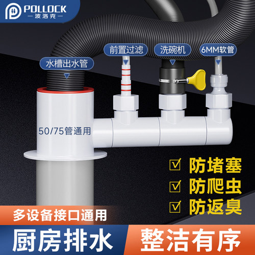 适用于九牧toto厨房下水管道三通防臭分水阀前置过滤器排水管道洗