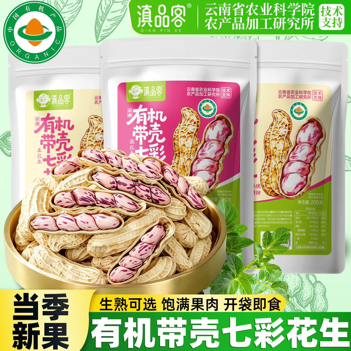 滇品客有机云南新货七彩花生晒干带壳生熟彩色水果花生米坚果炒货