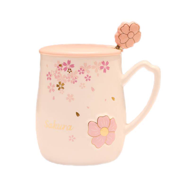 好货日式创意樱花陶瓷水杯带盖勺耐热杯子家用办公室浮雕马克杯少