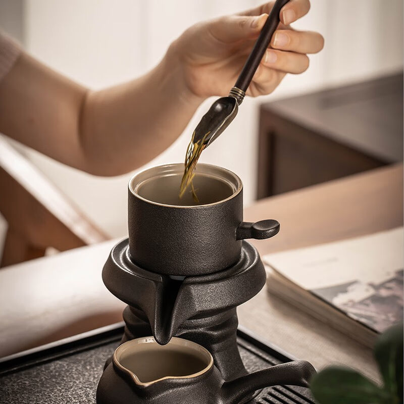 瓷牌茗茶具雅黑懒人石磨自动茶具套组家用防烫功夫泡茶壶茶杯茶盘