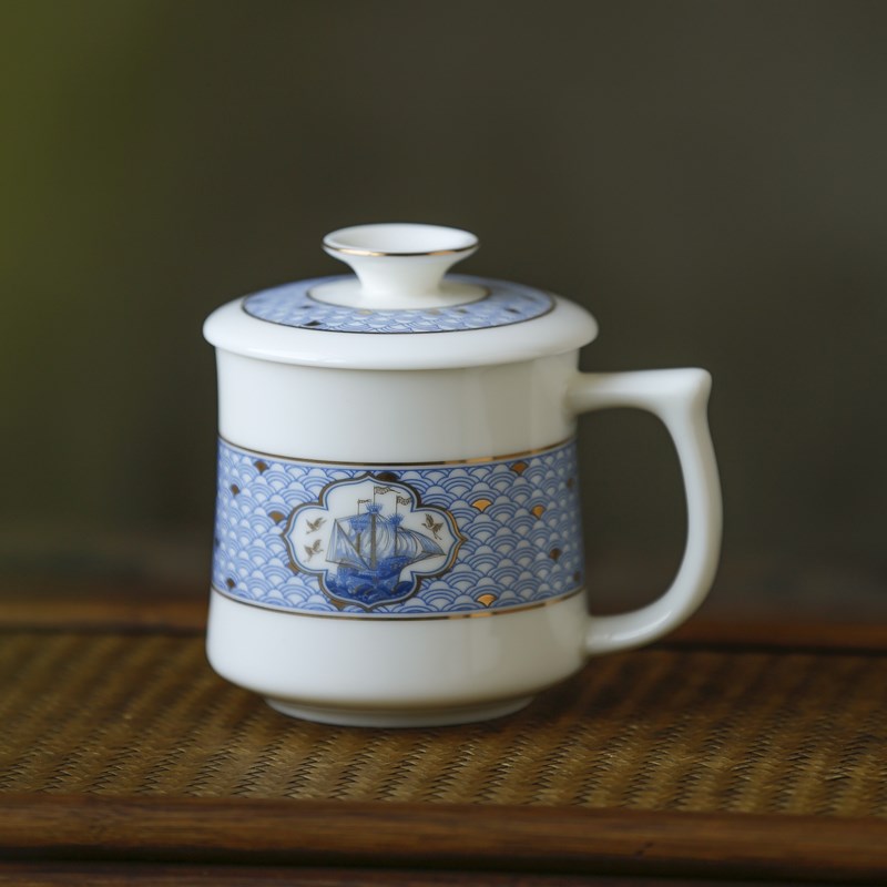 海浪月牙杯过滤茶杯陶瓷高端水杯家用的杯子茶水分离主人杯喝茶杯