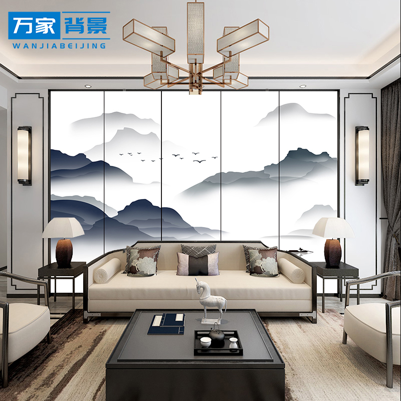 定制床头卧室沙发皮雕硬包山水印花电视背景墙新中式壁画酒店背景