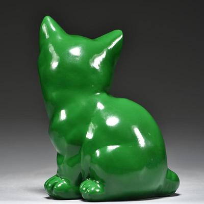 绿色实质猫咪雕刻摆件动角物木头猫家居小客XCYZ0122厅房木屋补装
