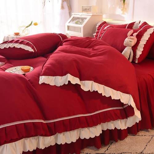 韩式套公被主风床裙四件遥伊供应水洗棉红结婚套床单被色单枕套三