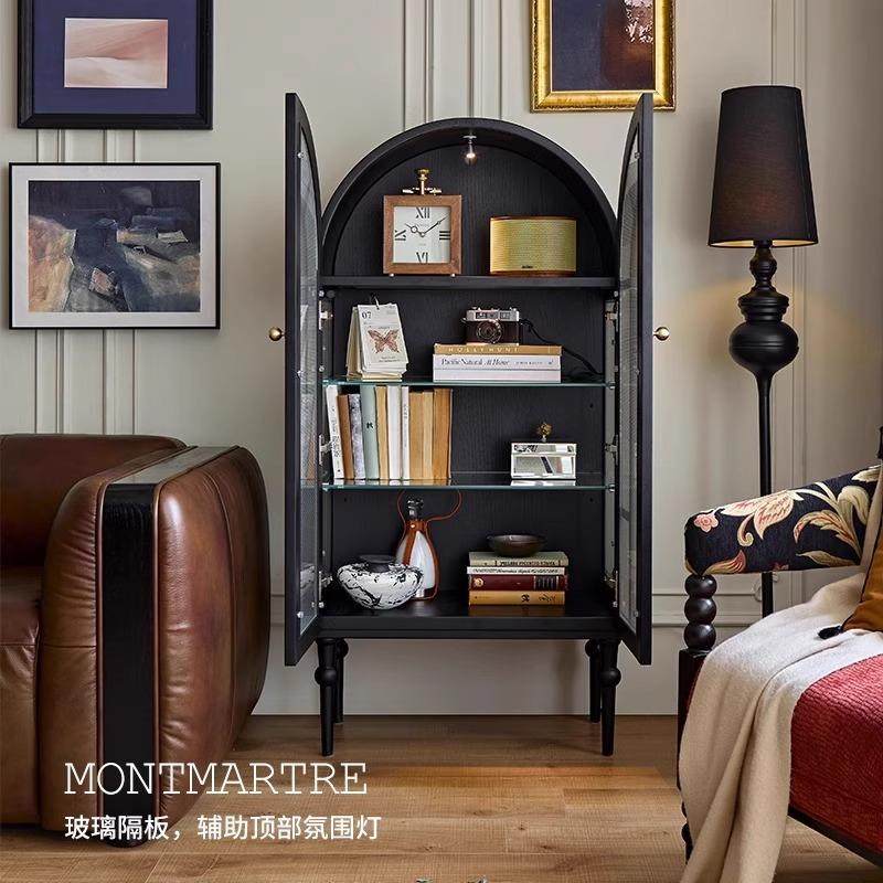 法式古实木弧形边柜客厅复双开XZS门纳收色柜子黑储物柜靠墙玻璃