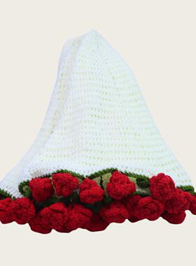 现货手枕工勾针红玫瑰抱RLH网毯爆款情人节花朵毛庆毯成品婚礼婚