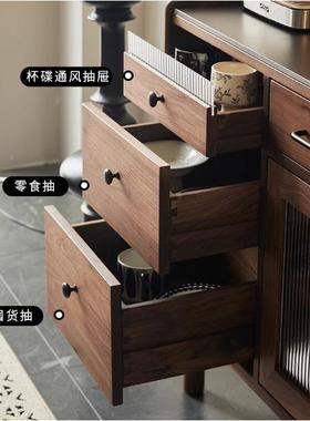 北美黑胡13949桃茶木边柜柜实木水收纳柜靠墙一体岩板矮柜台面餐